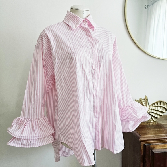 By Coco Tops - Italian 100% Cotton By Coco Pink White Striped Ruffle Button Up Shirt Size L/XXL